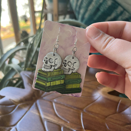 Skull on Books Dangles - Green