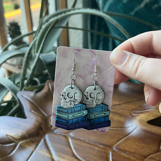 Skull on Books Dangles - Blue