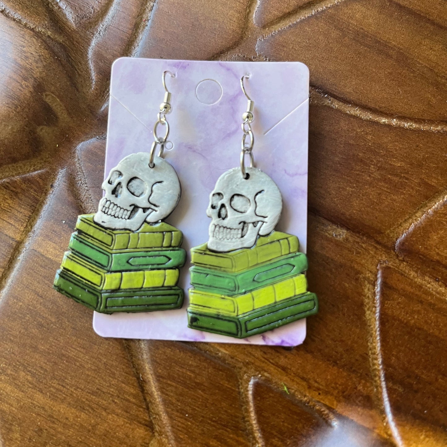 Skull on Books Dangles - Green