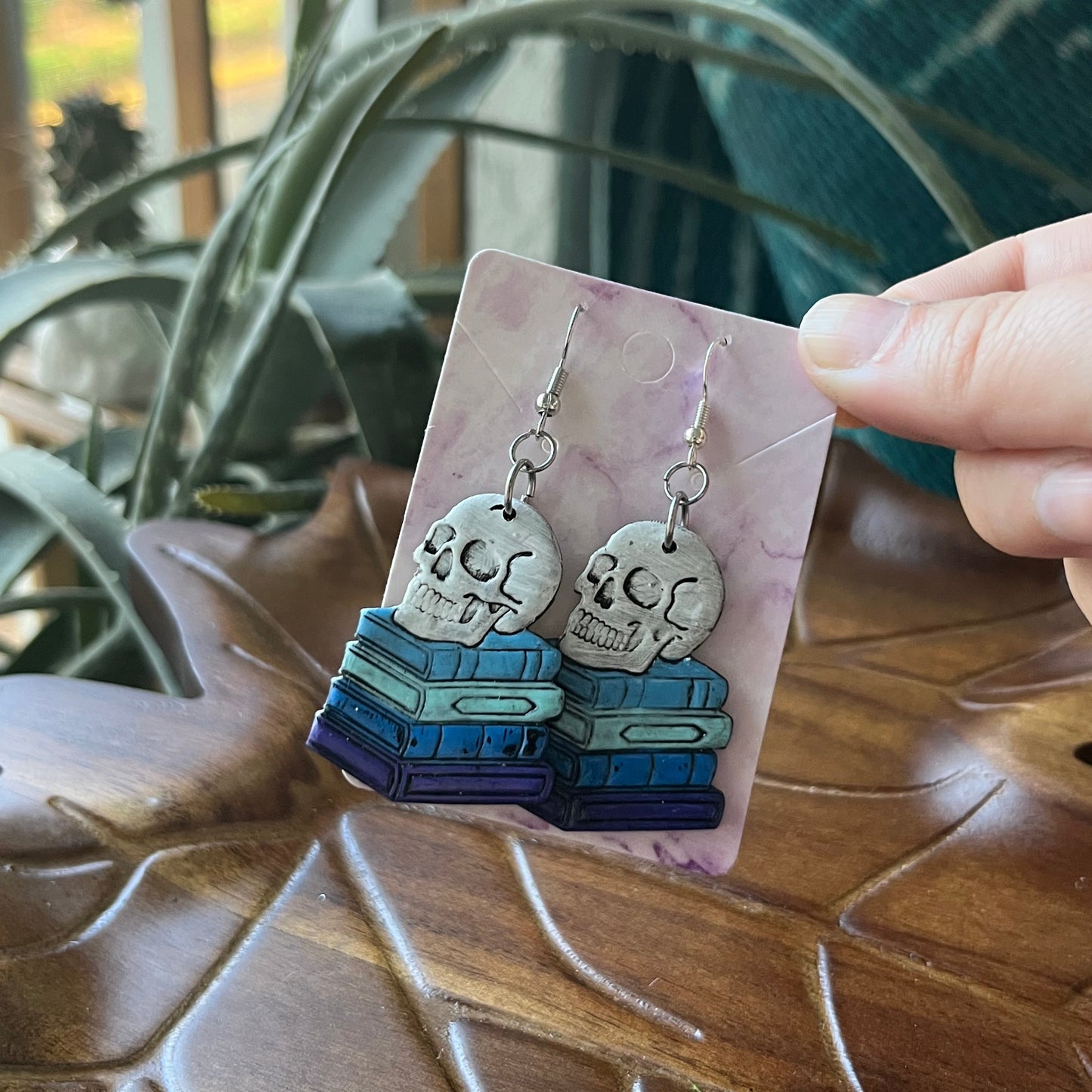Skull on Books Dangles - Blue