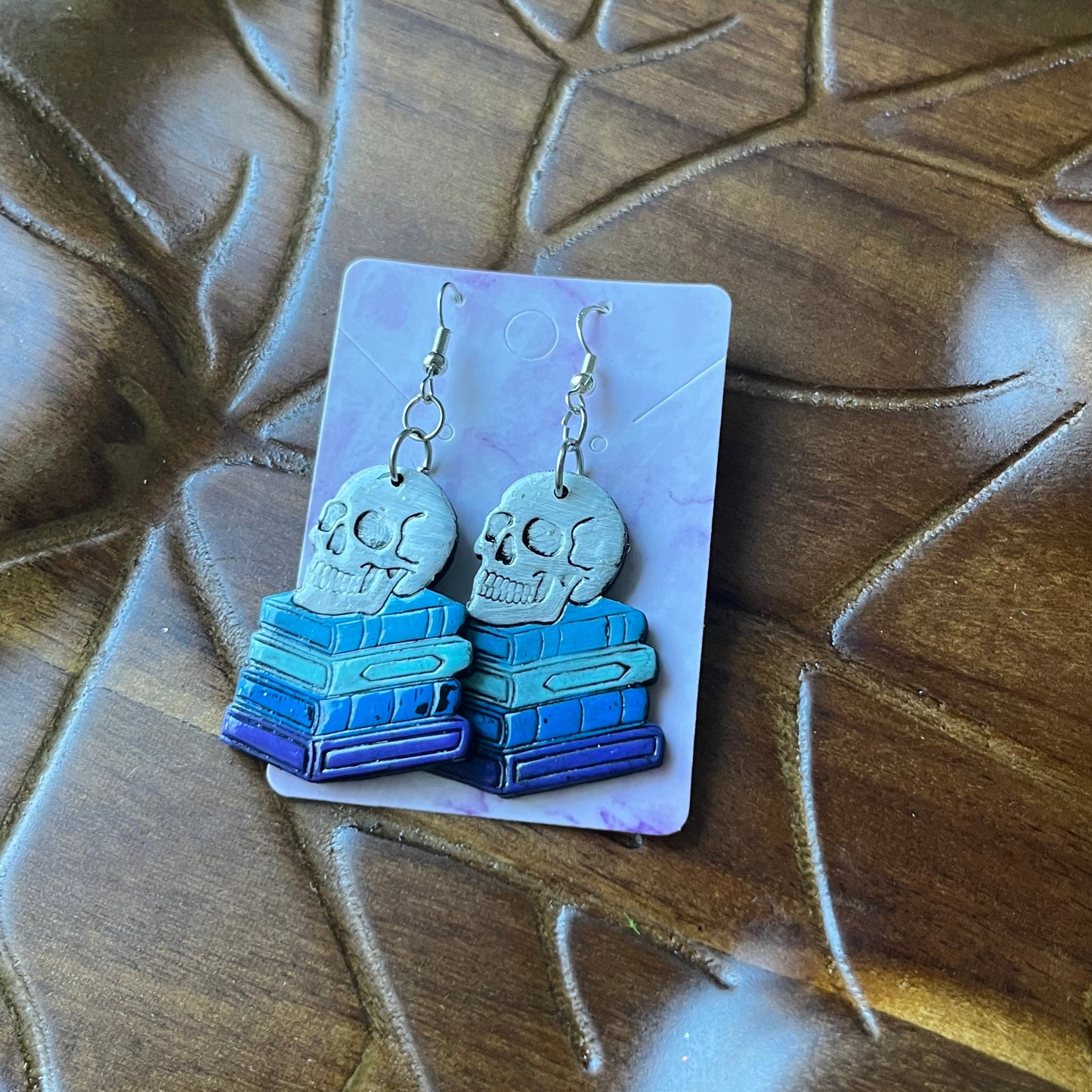 Skull on Books Dangles - Blue