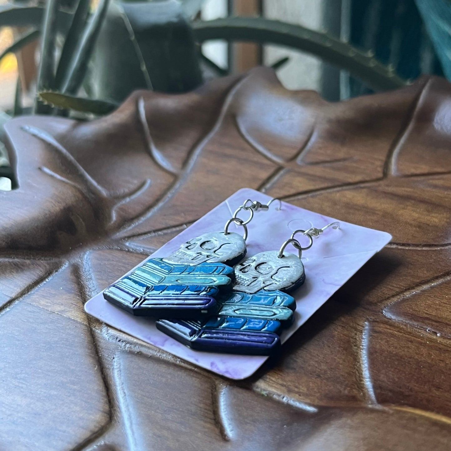 Skull on Books Dangles - Blue