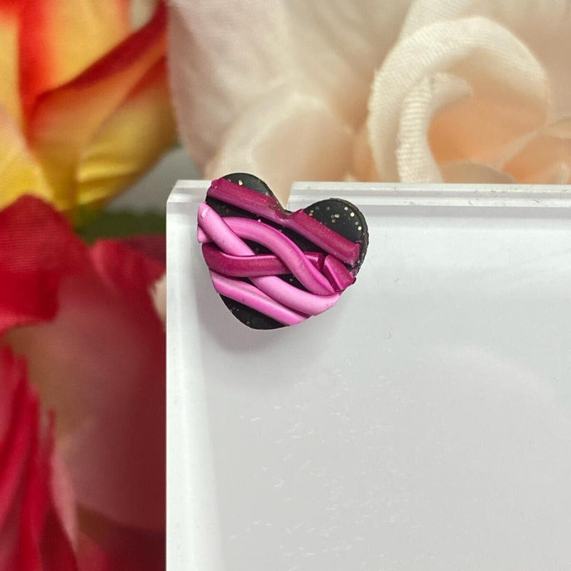 Braided Pink and Black Heart Studs