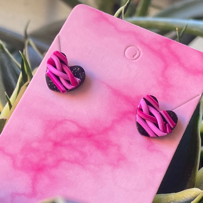 Braided Pink and Black Heart Studs